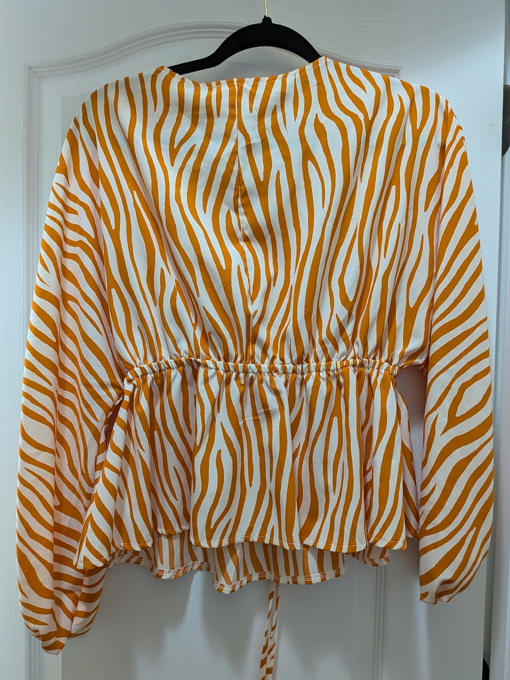 V-Neck Cinched Zebra-Print Blouse in Orange and Cream With Adjustable Waist - Picture 3 of 3